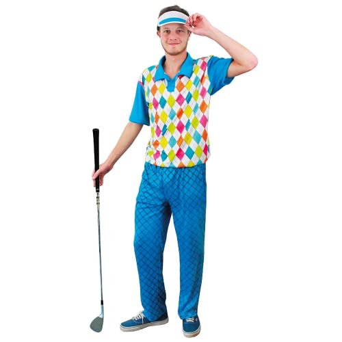 Costume de golfeur pour homme – Taille L – Chemise de golf et pantalon avec visière – Déguisement de cerf pour adulte Bleu