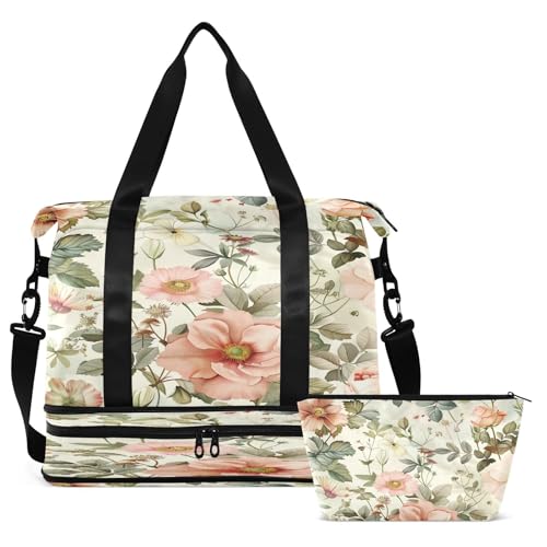 Watercolor Floral Pattern Gym Bag for Women Sport Travel Duffel Bag Shoulder Weekender Overnight Bags with Wet Pocket & Shoe Compartment2