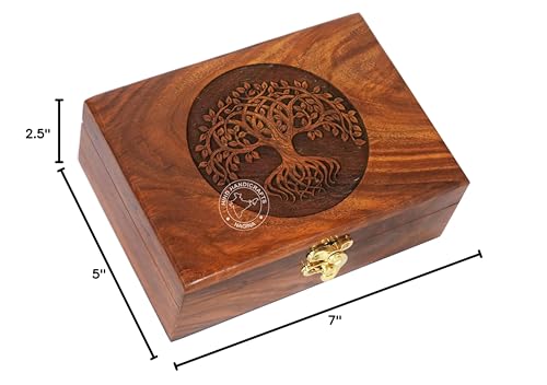 Image of Rosewood Handmade Wooden Urn Tree of Life Engraving Handcarved Jewellery Box for Women-Men Jewel | Home Decor Accents | Decorative Boxes | Storage & Organiser (7 inch x 5.5 inch x 3.5 inch, Tree - 12)