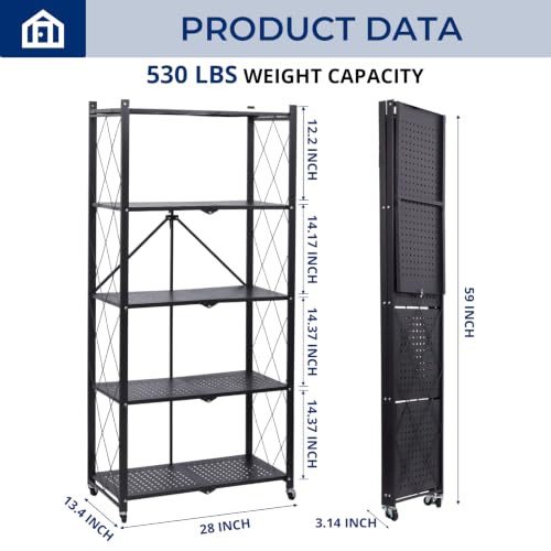 Image of 5 Tier Foldable Storage Shelf with Wheels, Heavy-Duty Metal Shelving Unit, No Assembly Book Shelf Rolling Storage Rack for Garage, Kitchen, Pantry, Closet, Exhibition, Office Decor, Black