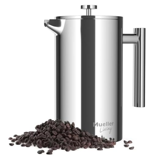 Mueller French Press Double Insulated 304 Stainless Steel Coffee Maker 4 Level Filtration System, No Coffee Grounds, Rust-Free, Dishwasher Safe