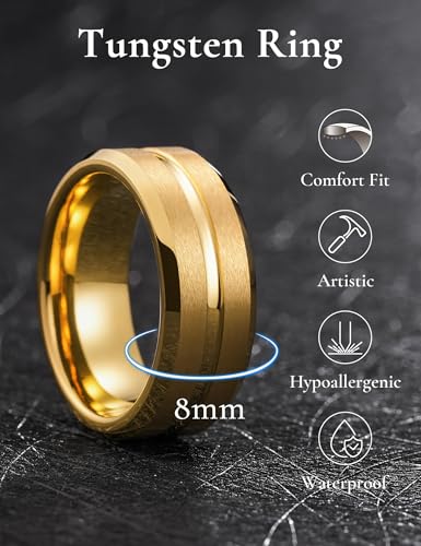 Image of King Will Tungsten Carbide Wedding Band for Men Women-6 /8 /10mm Width Multicolor Available with Grooved Center Wedding Ring Suitable for Work, Gym Comfort Fit Size 4-16