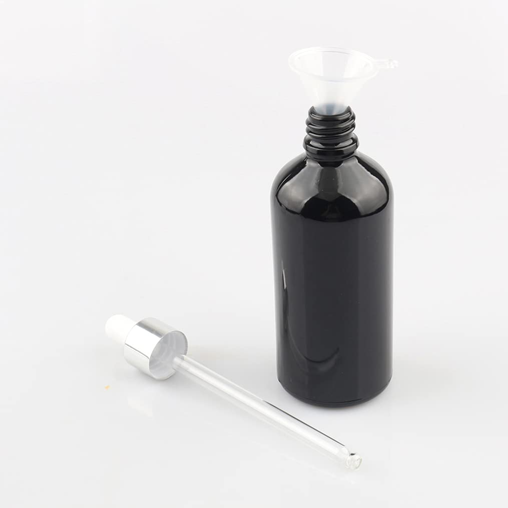 12 Pieza,Botella de Aceite Esencial Negro brillante de 100 Ml, Fácil de Llenar, Botellas de Cristal con anillo de Plata y pipeta,para Aceite Esencial, Masaje,Fragancia, Aromaterapia