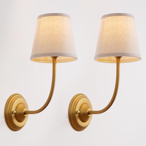 Image of Vintage Fabric Wall Sconces Set of 2 with 5.5 inch Funnel Linen Cloth Shade, E26 Hardwired Indoor Wall Mounted Lamp Fixtures for Bedroom Dining Room Hallway Bathroom