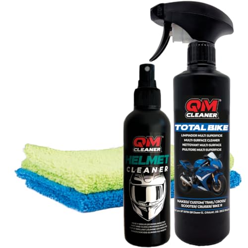 QM Cleaner Kit de limpeza e manutenção para mota e capacete | Limpador a seco multisuperfície e elimina insetos para capacete. Inclui Total Bike(500 ml), Cleaner Helmet (200 ml) + 2 panos
