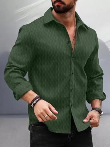 Image of DEELMO Men's Regular Fit Button Down Dress Shirts Textured Long Sleeve Casual Hawaiian Shirt