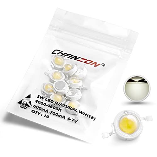 CHANZON 10 pcs High Power Led Chip 5W Natural White (4000K - 4500K / 600mA - 700mA / DC 6V - 7V / 5 Watt) Super Bright Intensity SMD COB Light Emitter Components Diode 5 W Bulb Lamp DIY Lighting