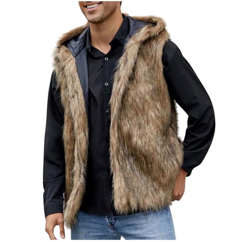 Men's Luxury Faux Fur Vest with Hood Winter Furry Sleeveless Jacket Fleece Open Front Cardigan Hoodie Coats Outwear