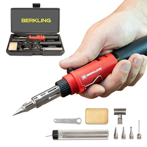 Berkling BSG-568 Butane Soldering Iron Kit - Self-Ignite, Instant Start, Portable Cordless Welding Micro Solder Torch Heat Gun Includes 5 Tips, 15g 60/40 Rosin Core Solder Wire, Mini Wrench, Sponge