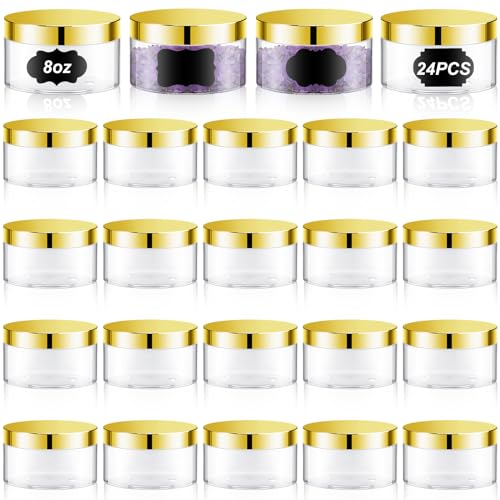 Dandat 24 Pcs 8 oz Plastic Jar Container with Lid and Label Refillable Empty Round Clear with Gold PET Cosmetic Sample Containers for Lotion, Cream, Ointments, Body Butter, Makeup, Travel Storage