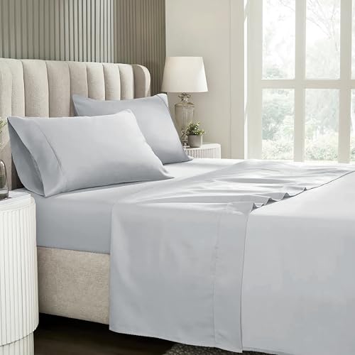 Juego de Sábanas Lisas de Microfibra Cepillada Extra Suave – Resistente a las arrugas y decoloración – Fácil planchado – Bajera Ajustable, Encimera y 1 Funda de Almohada (Gris Claro, Cama 90 cm)
