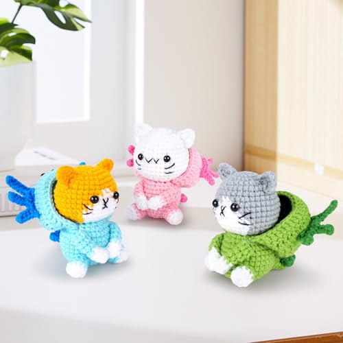 Image of Fortuning's JDS Crochet Kit for Beginners - 3 PCS Axolotl Cat Crochet Kits with Step-by-Step Video Tutorials, Beginner Crochet Kit for Adults, Crochet Cat Dressed as Axolotl Set