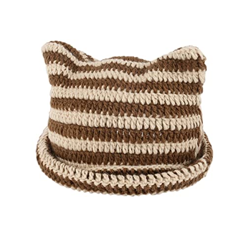 FeMereina Bonnet d'hiver tricoté à rayures avec oreilles de chat mignonnes pour femme - Tendance et léger - Avec corne de diable, A Brown, taille unique Cover