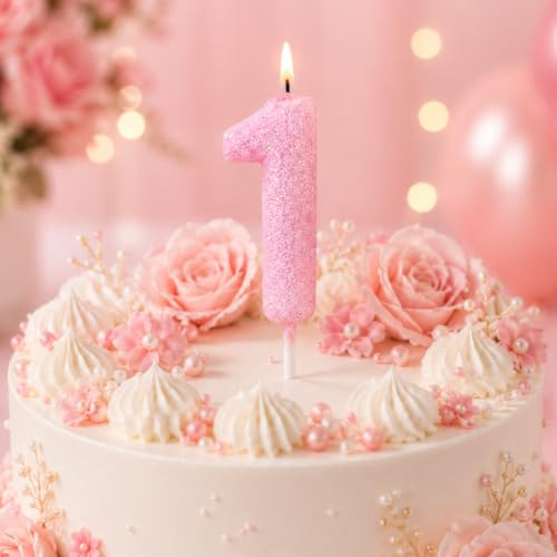 Image of Wanna Party Glitter Designer Pink Number 1 Birthday Candle, Numerical Cake Candle for 1st Birthday, Cake Cutting, Birthday Party Decoration & Celebration Supplies - 1PC