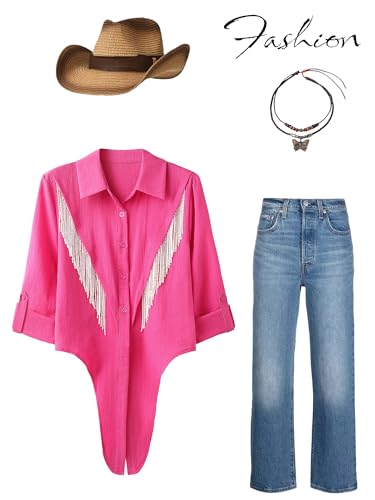MYMORE Womens Rhinestone Fringe Cropped Button Down Shirt Rolled 3/4 Sleeve Tie Front Top Western Cowgirl Rodeo Outfit2