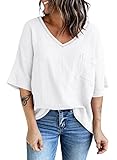 Dokotoo Womens Ladies 3/4 Sleeve Cotton Tunic Tops and Blouses for Women Business Casual Summer Loose Fitting Short Sleeve Trendy Shirts Solid T-Shirts with Pocket White Large