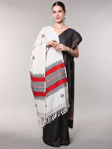 Image of Exotic India Pure Cotton Shawl from Tamil Nadu | Toda Embroidery South Indian Traditional Stole for Women's Casual Wear
