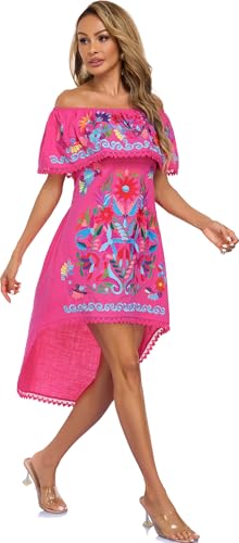 Image of YZXDORWJ Women's Mexican Asymmetrical Dress Embroidered Floral Off-Shoulder Cocktail Latina Fiesta Dress