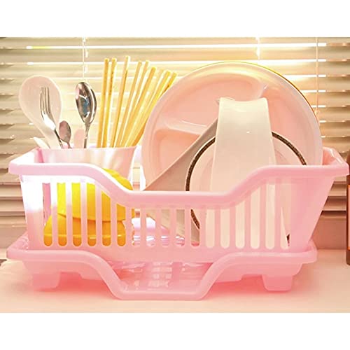 Environmental Plastic Kitchen Sink Dish Drainer Set Rack Washing Holder Basket Organizer Tray, Approx 17.5 x 9.5 x 7INCH (Pink)