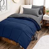 Bare Home Reversible Bed-in-A-Bag Comforter & Sheet Set - Twin Extra Long - Down Alternative - Soft - Bedding Set (Twin XL, Dark Blue/Grey, Grey)