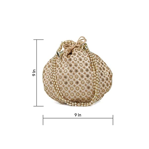 Parth (Golden) Premium Designered Silk Embroidered Bridal Potli bags,potli purse for ladies,ethnic potli pouches for return gift traditional potli bags - Image 7