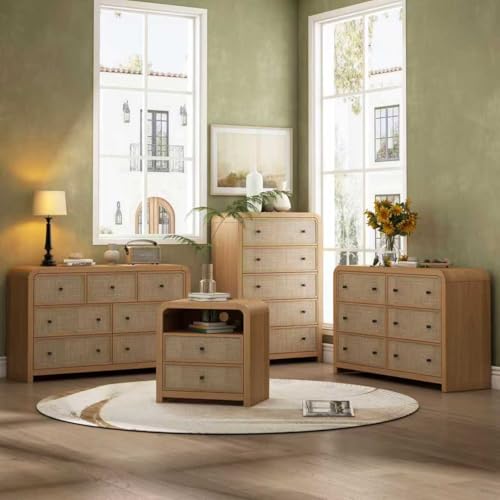 Image of Oak&Sparrow 2 Drawer Tall Dresser for Bedroom, 23.6'' Rattan Dresser with Ample Storage, Boho Chest of Drawers, Thickened Curved Profile Design, Oak Dressers for Bedroom, Living Room