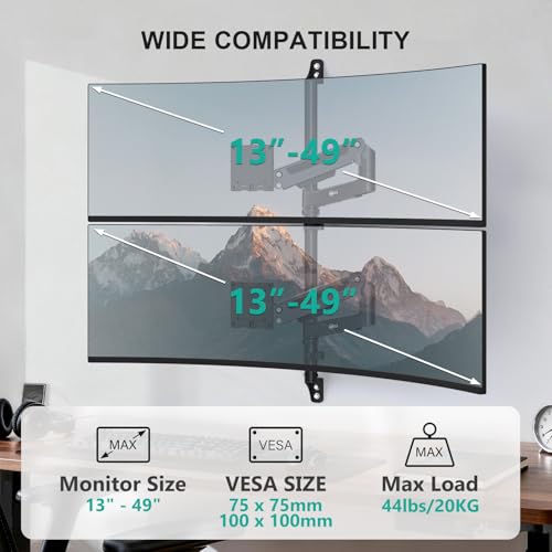 Image of WALI Vertical Dual Monitor Wall Mount for 13-49 inch Screens, Heavy Duty Stacked Dual Monitor Stand for Wall, Adjustable Ultrawide Monitor Arm Wall Mounted, Holds up to 44 lbs (GSWM002-P), Black