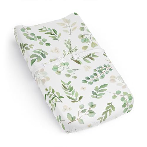 Image of Sweet Jojo Designs Green Boho Floral Leaf Boy Girl Gender Neutral Unisex Baby Changing Pad Cover Sheet Infant Newborn Diaper Change Mat Cover Sage White Bohemian Watercolor Botanical Flower Woodland