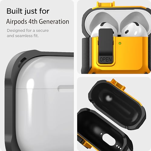 Image of Olytop for Airpods 4 Case with Lock Clip, Rugged Apple Airpods 4th Generation Cover 2024 Men Women, Armor Shockproof iPod 4 Gen Protective Hard Shell with Carabiner&Cleaner kit,Black /Yellow