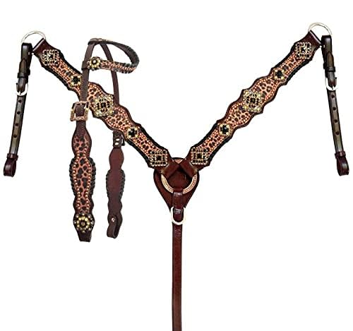 Showman Leather Single Ear Headstall & Breast Collar Set w/Cheetah Print
