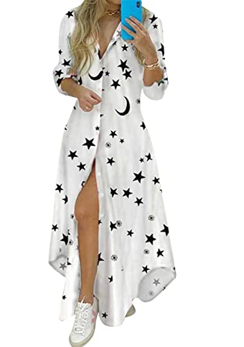 Image of YMING Womens Long Sleeve Button Down Shirt Dresses Casual Floral Print Maxi Dress Loose Fit Split Blouse Dress