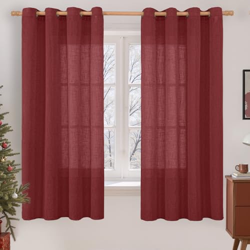 Image of LAMIT Sheer Linen Curtains 63 Inch Length for Bedroom, Light Filtering Christmas Decor Panels Bronze Grommet Linen Textured Drapes for Living Room /Farmhouse, 2 Panels Set, 52 x 63 Inch, Burgundy Red