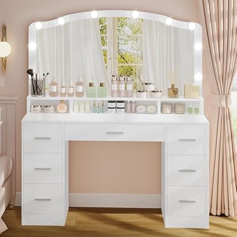 usikey 43.3" Vanity Desk with Large Lighted Mirror, Makeup Vanity Table with 7 Drawers & 10 Lights Bulbs, 3 Lighting Colors, Make Vanity Desk, Vanity Table for Women Girls, White Cover