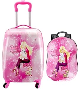 Swarn Polycarbonate 360 Rotating Wheels Pretty Paw-Some Barbie Printed Pattern Extra Light Weight for Boys/Girls/Kids Trolley Bag + Free Polyester Shell Bag (Multi Colour -18 inches + 13 inches-0512)
