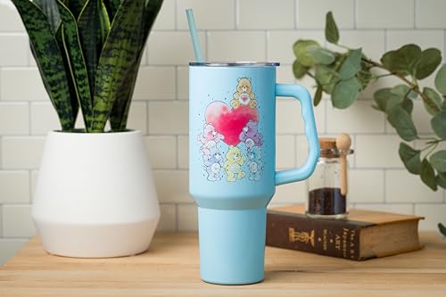 Image of Silver Buffalo Care Bears Watercolor Featuring Tenderheart, Grumpy, Funshine, Bedtime, and Share Bear Stainless Steel Tumbler with Handle and Straw, Fits in Standard Cup Holder, 40 Ounces(Pack of 12)