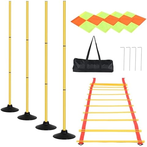 SMONTER Soccer Agility Poles, 47'' Soccer Training Poles with Base, 4 Detachable Slalom Sticks with Agility Ladder Portable Speed Training Equipment for Football Exercise Cover