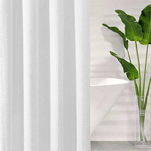 Bbiggood White Shower Curtain, 3D Embossed Fishbone Textured Fabric Shower Curtain For Bathroom, Modern Farmhouse Decor Hotel Quality Soft Cloth Shower Curtain Set With Hooks, 72X72 #TOP5