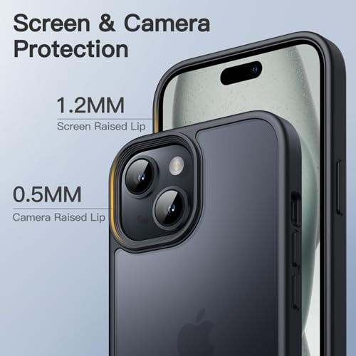 Image of JETech Matte Cover Case for iPhone 15 6.1-Inch, Military Grade Drop Protection, Frosted Translucent Back Phone Cover, Anti-Fingerprint (Black)
