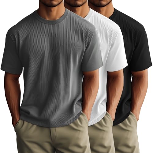 Huukeay 3 Pack Men's T-Shirts Crewneck Short Sleeve Shirts Ribbed Knit Tees Dressy Casual Tops