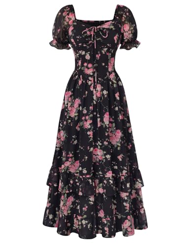 Image of Scarlet Darkness Women Floral Maxi Dress Puff Sleeve Tea Party Corset Dress | Pockets, Ruched Bust, Ruffled Hem, for Cottagecore Fairy Milkmaid Vacation