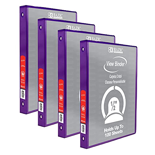 Image of BAZIC Products 1 /2 inch Purple 3-Ring View Binder, Round Ring, 4-Pack | round rings, 1 /2 in Purple view 3-ring binder, 2 inside pockets, holds up to 100 sheets, Durable poly cover, 2 Pockets