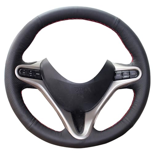 Eiseng Steering Wheel Cover for 3 Spokes 8th Honda Civic 2007 2008 2009 2010 2011 DIY Sew Interior Accessories 13.5-14.5 inches Stitch On Wrap Black Genuine Leather (Red Thread)