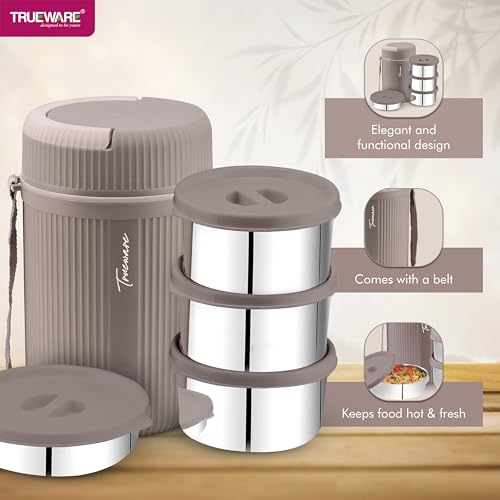 Image of Trueware GRUB 4 Double Wall Insulated Hot Lunch Box with 3 SS Container 300 ML Each & 1 SS Container 200ML | Bpa Free | Food Grade | Hot and Fresh Ma (LBI-GRB-004-Pink BAZ)