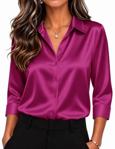 Image of Zeagoo Womens Satin Blouses Button Down Shirts 3 /4 Sleeve Dressy Tops S-2XL