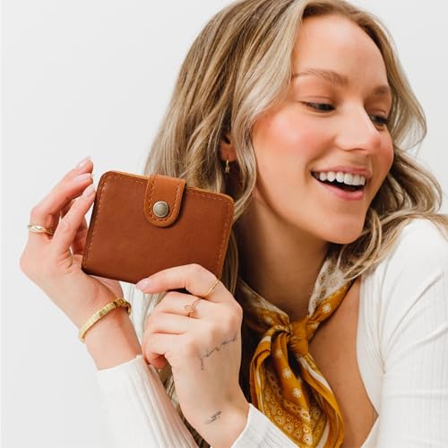 Image of Portland Leather Goods Women's Mini Bifold Wallet - Slim, Palm-Sized Design with Secure Snap Closure, 2 Card Slots, 2 Cash Slots & Zippered Coin Pocket - Honey