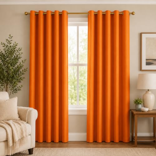 Image of Polyester Eyelet Door Curtain, Solid Plain Light Filtering Curtain for Bedroom, Living Room & Home Office, 7 Feet (84 x 48 Inch), Orange, Pack of 2