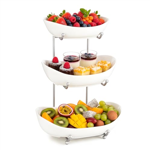 Muraknes 3 Tier Fruit Bowl, Fruit Bowl for Kitchen Counter with Ceramic Fruit Basket, Large Capacity Fruit Holder, Multi Layer Fruit Display Stand for Storage (White)