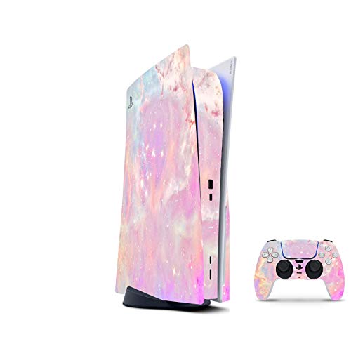 PS5 Skin for Console and 2 Controllers by ZOOMHITSKINS, Same Decal Quality for Cars, Stars Pink Galaxy Glitter Universe, High Quality, Durable, Bubble-free, Compatible with PS5 W Disk, Made in USA