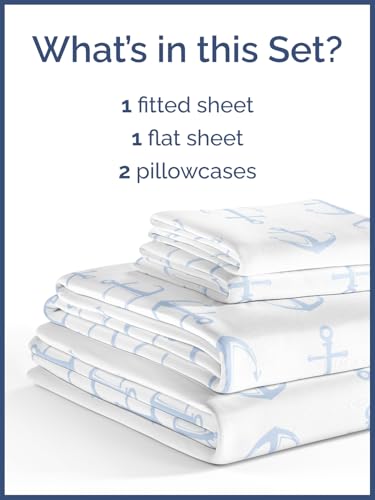 Image of Kids Full Blue Anchors Bed Sheets - 4 Piece Kids Blue Anchors Sheet Set | Blue Anchors Themed Bedding, Ultra-Soft, Cute & Cozy, Breathable & Machine Washable, Bed Set for Boys, Girls & Teens, Comfy