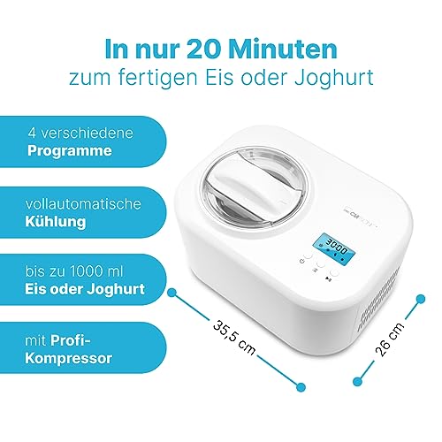 Clatronic® Eismaschine und Joghurtbereiter | Eis in 20 min. | für bis zu 1000ml | Eismaschine mit Kompressor | für Eis & Frozen Joghurt | Inkl. Rezeptvorschläge, Spachtel und Messbecher | ICM 3799 – Bild 3